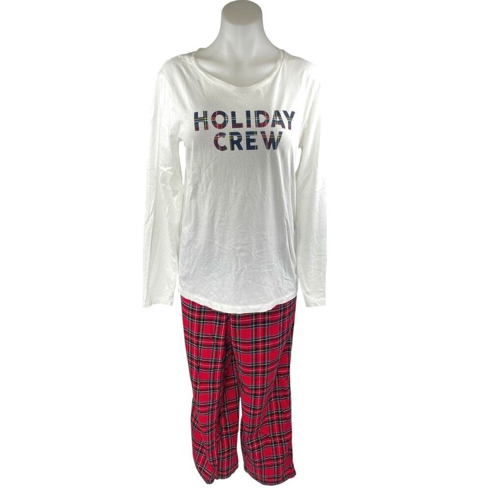 J.Crew White Red Holiday Crew Plaid Flannel Long Sleeve Sleepwear Pajamas Set M